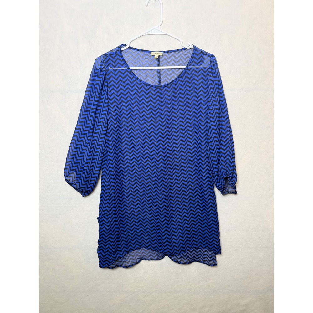 Lily White Blue‎ Black Chevron Sheer Blouse XL 3/4 Sleeve High Low Pocket Top